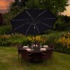 Black 2.4m LED Tilt Parasol Umbrella Garden Sun Shade Canopy Patio Outdoor 360 Rotation UV Protection Winding Crank Adjustable 32 Solar Power Lights Cool White 8 Ribs 5.5kg FREE Waterproof Rain Cover