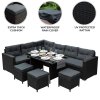 Rattan Corner Dining Set Outdoor Garden Furniture Black 9-Seater L Shape Sofa Stools Tempered Glass Table UV Protected Waterproof Grey Seat Back Cushions Patio Conservatory Lounge FREE Rain Cover