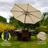 Beige 2.4m LED Tilt Parasol Umbrella Garden Sun Shade Canopy Patio Outdoor 360 Rotation UV Protection Winding Crank Adjustable 32 Solar Power Lights Cool White 8 Ribs 5.5kg FREE Waterproof Rain Cover