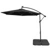 Black LED Cantilever Parasol 3m Banana Hanging Umbrella Garden Sun Shade Canopy Patio 360 Rotation Tilt UV Protection Winding Crank 24 Solar Powered Cool White LED Lights Waterproof Rain Cover & Base