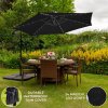 Black LED Cantilever Parasol 3m Banana Hanging Umbrella Garden Sun Shade Canopy Patio 360 Rotation Tilt UV Protection Winding Crank 24 Solar Powered Cool White LED Lights Waterproof Rain Cover & Base