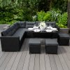 Rattan Corner Dining Set Outdoor Garden Furniture Black 9-Seater L Shape Sofa Stools Tempered Glass Table UV Protected Waterproof Grey Seat Back Cushions Patio Conservatory Lounge FREE Rain Cover