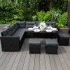 Rattan Corner Dining Set & Garden Storage Box Black 9-Seater L Sofa Stools Glass Table Large Cushion Furniture Chest 582L Outdoor Patio Steel Frame UV Resistant FREE Waterproof Carry Bag & Rain Cover