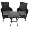 Black Rattan Bistro Set Garden Furniture 3 PCs Patio Weave Companion Outdoor Chairs Table Glass Top Set Conservatory Balcony 2 Seater Grey Cushions Washable Covers UV Protection | FREE Rain Cover
