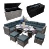 Rattan Corner Dining Set & Garden Storage Box Grey 9-Seater L Sofa Stools Glass Table Large Cushion Furniture Chest 582L Outdoor Patio Steel Frame UV Resistant FREE Waterproof Carry Bag & Rain Cover