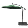 LED Cantilever Parasol 3m Green Banana Hanging Umbrella Garden Sun Shade Canopy Patio 360 Rotation Tilt UV Protection Winding Crank 24 Solar Powered Cool White Lights FREE Rain Cover & Square Base