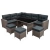 Rattan Corner Dining Set Outdoor Garden Furniture Grey 9-Seater L Shape Sofa Stools Tempered Glass Table UV Protected Waterproof Grey Seat Back Cushions Patio Conservatory Lounge FREE Rain Cover