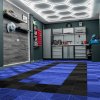 Vented Modular Interlocking Flooring Tiles 90 Blue & 30 Black With Edges & Hexagon LED Lighting 14 White Lights & Border 6500K 3 Mount Options & Suspended Ceiling Kit Single Garage Floor Mat 3.2m x 6m