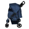 Pet Stroller Pushchair Navy Blue Carrier Foldable Trolley Travel Cart 15kg Capacity 4 Wheels Brakes Cat Dog Safety Hook Leash Cushion Canopy Mesh Windows Basket Cup Holders & Waterproof Rain Cover