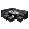 Rattan Corner Dining Set Outdoor Garden Furniture Black 9-Seater L Shape Sofa Stools Tempered Glass Table UV Protected Waterproof Grey Seat Back Cushions Patio Conservatory Lounge FREE Rain Cover