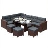Rattan Corner Dining Set Outdoor Garden Furniture Brown 9-Seater L Shape Sofa Stools Tempered Glass Table UV Protected Waterproof Grey Seat Back Cushions Patio Conservatory Lounge FREE Rain Cover