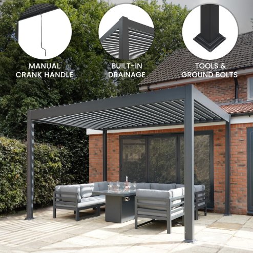Metal Pergola 3m x 3m Retractable Canopy Roof Powder Coated Aluminium Outdoor Garden Gazebo Sun Rain Shelter Patio Deck Drainage UV Protection Weather Resistant Tools & Ground Bolts Included Dark Grey