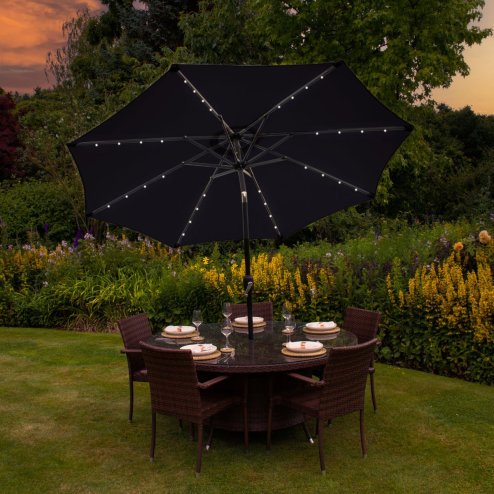 Black 2.4m LED Tilt Parasol Umbrella Garden Sun Shade Canopy Patio Outdoor 360 Rotation UV Protection Winding Crank Adjustable 32 Solar Power Lights Cool White 8 Ribs 5.5kg FREE Waterproof Rain Cover