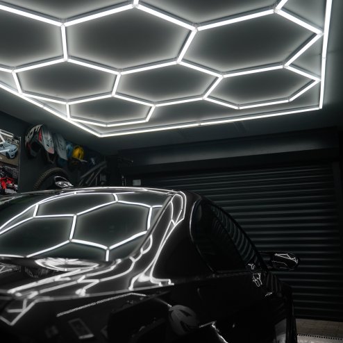 Hexagon LED Lighting 14 Lights & Border Car Detailing Shop Garage Workshop Gym Beauty Salon Showroom Honeycomb Modular Design Bright Pure White 120 Lumens 6500K Colour Temperature 3 Mounting Options