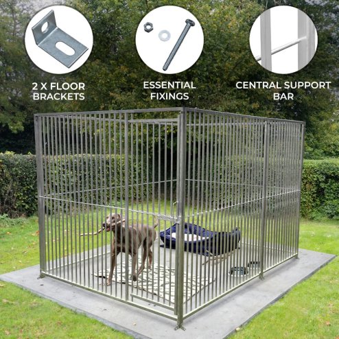 Dog Run Panels With Door Galvanised Steel Kennel Heavy Duty Walk In Animal Enclosure Pen Fence Playpen Outdoor Support Bar 8cm Bar Spacing 1.84m x 1m Modular FREE Ground Fixing Brackets & Fixing Kit