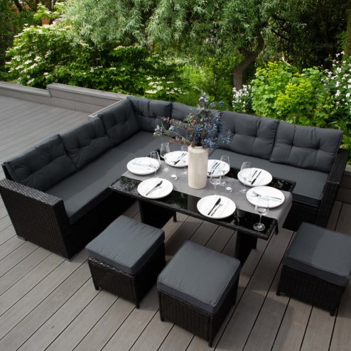 Rattan Corner Dining Set & Garden Storage Box Black 9-Seater L Sofa Stools Glass Table Large Cushion Furniture Chest 582L Outdoor Patio Steel Frame UV Resistant FREE Waterproof Carry Bag & Rain Cover