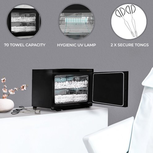 Hot Towel Warmer Black 23L Cabinet Heater UV Steriliser Disinfection Facial Salon Beauty Spa Gym Bathroom Home Equipment Stainless Steel Electric 2 Removable Shelves Drip Tray 200W 2 x FREE Tongs