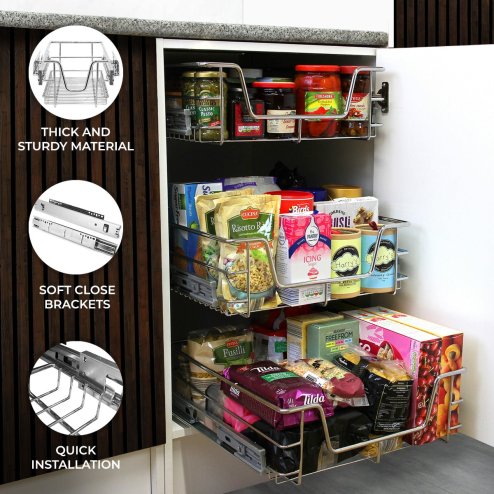 KuKoo 3 x Kitchen Pull Out Soft Close Baskets, 300mm Wide Cabinet, Slide Out Wire Storage Drawers