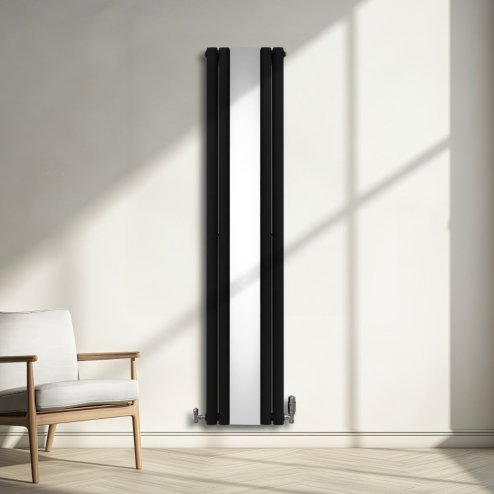Oval Panel Radiator With Mirror 1800mm x 380mm Modern Designer Double Column Vertical Heater Matt Black Carbon Steel Wall Mounted Kitchen Living Room Cleaning Brush Fixing Kit & Brackets