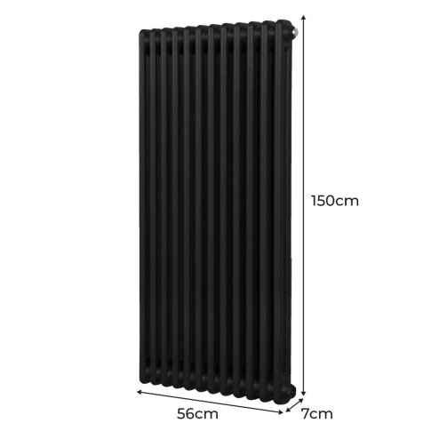 Traditional 2 Column Radiator 1500mm x 562mm Modern Central Heating Heater Matt Black Carbon Steel Vertical Wall Mounted Kitchen Living Room Bathroom Cleaning Brush Fixing Kit & Brackets