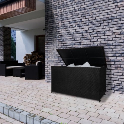 Rattan Garden Storage Black Box & Waterproof Carry Bag Large Cushion Blanket Tools Toys Furniture Chest 582L Outdoor Patio Deck Steel Frame UV & Weather Resistant Gas Assisted Lift Lid Portable Wheels
