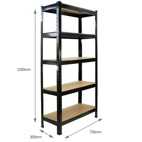 2 x Black Racking Bay Unit 5 Tier Heavy Duty Steel Metal 150kg capacity Per Shelf Garage Shelves Storage Warehouse Shed Workshop Boltless Shelving 75cm x 150cm x 30cm