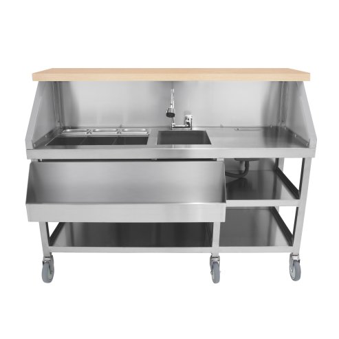 Mobile Cocktail Bar Station Stainless Steel Event Prep Serving Counter Wheels Insulated Ice Wells Shelves Sink Mixer Tap Speed Rail Gastro Pots Knife Holder Whiteboard Boston Shaker Magnets & Erasers