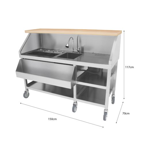 Mobile Cocktail Bar Station Stainless Steel Event Prep Serving Counter Wheels Insulated Ice Wells Shelves Sink Mixer Tap Speed Rail Gastro Pots Knife Holder Whiteboard Boston Shaker Magnets & Erasers