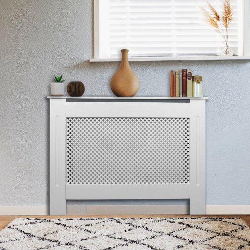 Adjustable Radiator Cover White MDF Trellised Grill Modern Cabinet Shelf 1400mm - 1920mm
