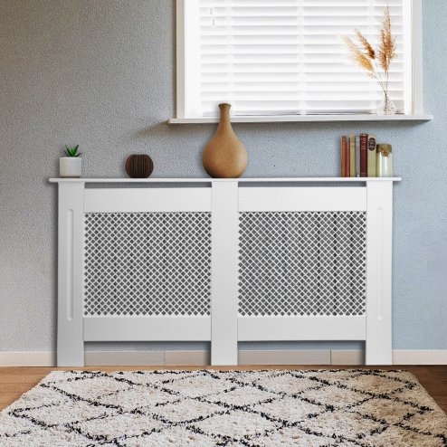 Adjustable Radiator Cover White MDF Trellised Grill Modern Cabinet Shelf 1400mm - 1920mm