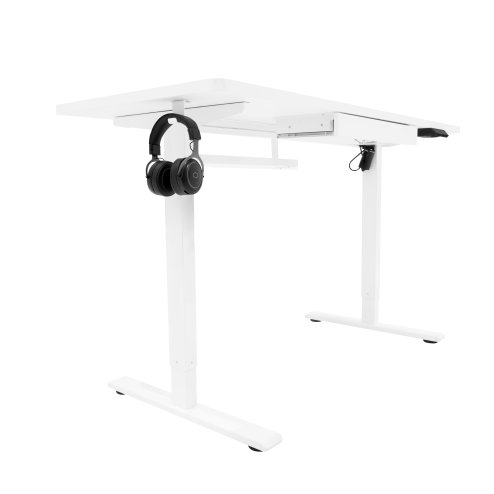 Electric Standing Desk 140cm x 60cm White Height Adjustable Ergonomic Sit to Stand Computer Workstation Built In Drawer USB A & C Charging Cable Holes & Tray Bag Hook Office Table Memory Smart Panel