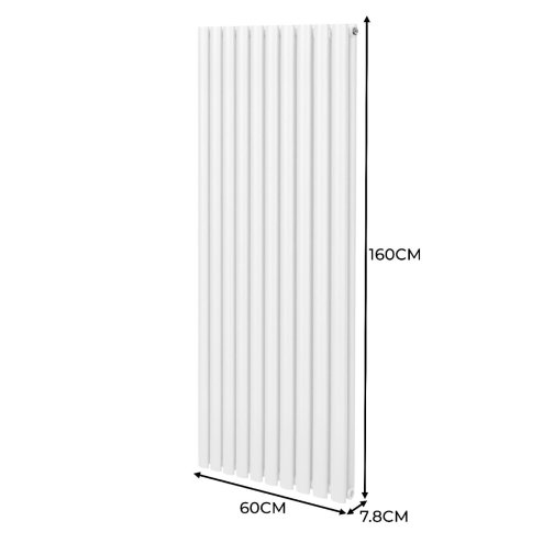 Oval Column Radiator 1600mm x 600mm & TRV Chrome Valves Modern Designer Double Panel Central Heating Heater White Steel Vertical Kitchen Living Room FREE Cleaning Brush Fixing Kit & Brackets