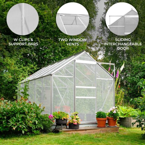 Greenhouse 6 x 8ft Aluminium Polycarbonate Steel Base Silver Weather Resistant Frame Support Bars Interchangeable Sliding Door 2 Roof Window Vents Walk In Gutter FREE W Clips