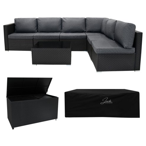Rattan Modular 7 Piece Furniture Set & 700L Storage Box - Black