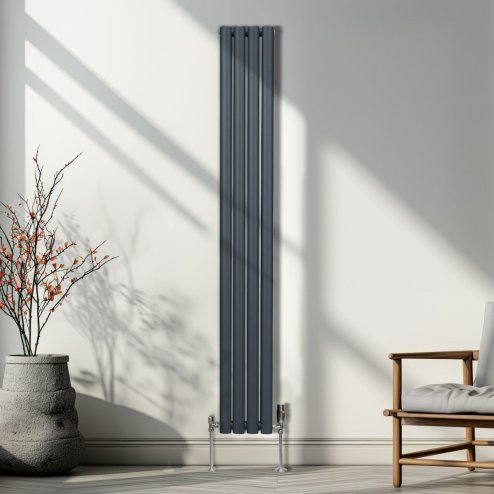 Oval Column Radiator 1800mm x 240mm Modern Designer Double Panel Central Heating Heater Matt Anthracite Grey Carbon Steel Vertical Kitchen Living Room FREE Cleaning Brush Fixing Kit & Brackets