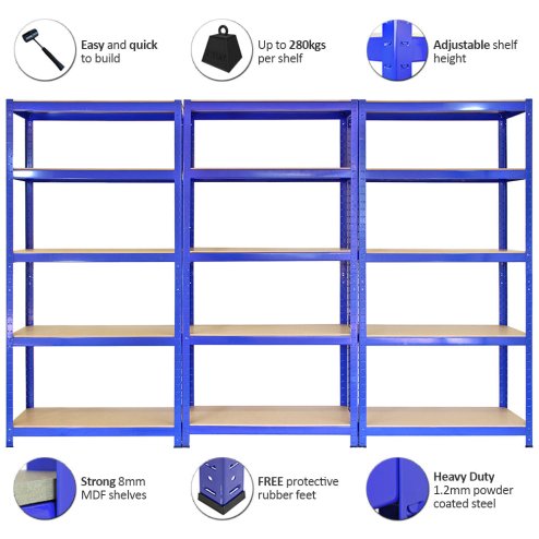 Monster Racking T-Rax Metal Storage Shelves, Blue, 90cm W, 45cm D, Set of 3