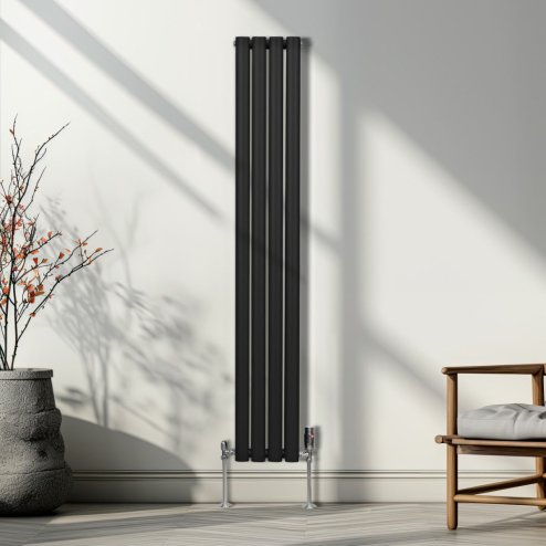 Oval Column Radiator 1600mm x 240mm & TRV Chrome Valves Modern Designer Double Panel Central Heating Heater Black Steel Vertical Kitchen Living Room FREE Cleaning Brush Fixing Kit & Brackets
