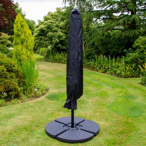 Grey LED Cantilever Parasol 3m Banana Hanging Umbrella Garden Sun Shade Canopy Patio 360 Rotation Tilt UV Protection Winding Crank 24 Solar Powered Cool White LED Lights Waterproof Rain Cover & Base