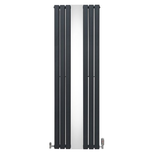 Flat Panel Radiator With Mirror 1800mm x 565mm & TRV Chrome Valves Designer Double Column Vertical Anthracite Grey Carbon Steel Wall Mounted Kitchen Living Room Cleaning Brush Fixing Kit & Brackets