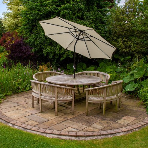 Cream 2.4m LED Tilt Parasol Umbrella Garden Sun Shade Canopy Patio Outdoor 360 Rotation UV Protection Winding Crank Adjustable 32 Solar Power Lights Cool White 8 Ribs 5.5kg FREE Waterproof Rain Cover