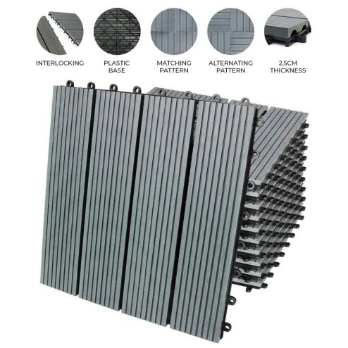 99 x WPC Decking Tiles Grey Terrace Decking Wood Plastic Composite DIY Interlocking Flooring Balcony Roof Terrace Hot Tub Outdoor Deck Tiles Click & Go Easy Clean Weather Resistant 30 x 30 cm (9 m2)