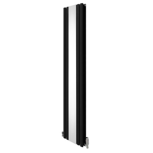 Oval Panel Radiator With Mirror 1800mm x 380mm & TRV Chrome Valves Designer Double Column Vertical Black Carbon Steel Wall Mounted Kitchen Living Room Cleaning Brush Fixing Kit & Brackets