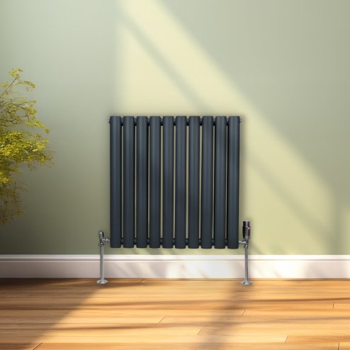 Oval Column Radiator 600mm x 600mm Modern Designer Double Panel Central Heating Heater Matt Anthracite Grey Carbon Steel Horizontal Kitchen Living Room FREE Cleaning Brush Fixing Kit & Brackets