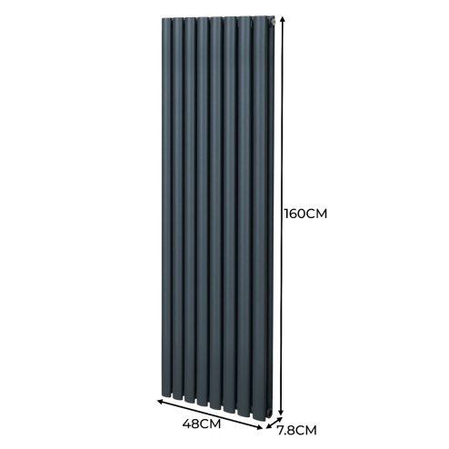 Oval Column Radiator 1600mm x 480mm Modern Designer Double Panel Central Heating Heater Matt Grey Carbon Steel Vertical Kitchen Living Room Bathroom FREE Cleaning Brush Fixing Kit & Brackets