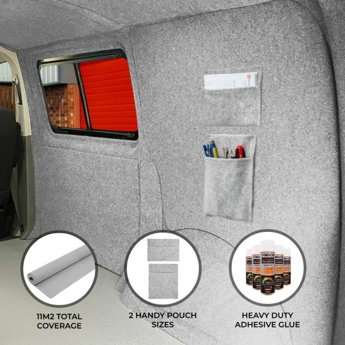 Camper Van Lining 2 Storage Pouches 5 Cans Adhesive Glue Silver Grey Carpet 4 Way Stretch 2m Wide 11m2 Coverage Car Motorhome Vehicle Campervan Conversion 2 Size Tool Document Pocket Organiser Holder
