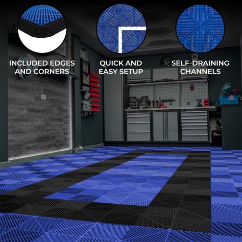 Vented Modular Interlocking Flooring Tiles & Edges 90 Blue & 30 Black Single Garage Heavy Duty Floor Mat Showroom Workshop Outdoor Polypropylene Anti Slip Weather Resistant Drainage 3.2m x 6m 19.2m2