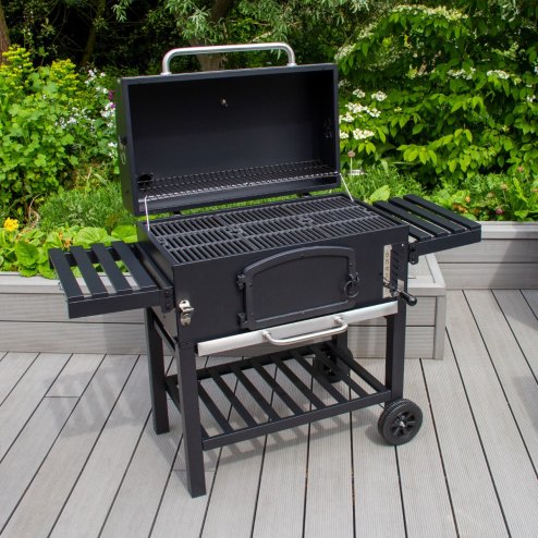 XXL BBQ Smoker Charcoal Barbecue Grill Portable Trolley Black Stainless Steel Adjustable Furnace Thermometer Side Shelves Hanging Hooks Bottle Opener Wheels Rain Cover Wire Brush Garden Patio Outdoor