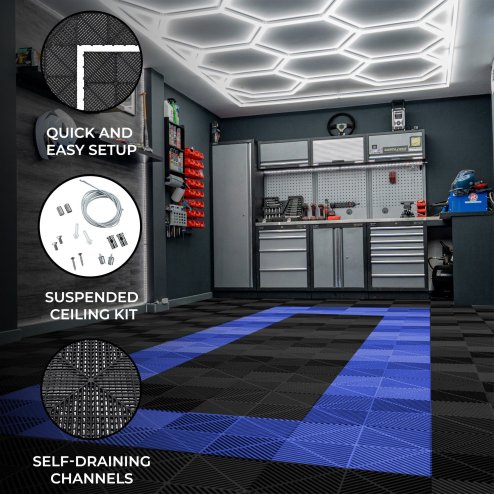 Vented Modular Interlocking Flooring Tiles 90 Black & 30 Blue With Edges & Hexagon LED Lighting 14 White Lights & Border 6500K 3 Mount Options & Suspended Ceiling Kit Single Garage Floor Mat 3.2m x 6m