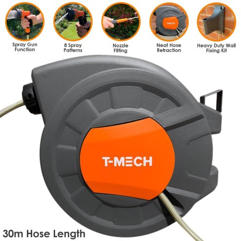T-Mech Auto Rewind Hose Reel 30m + 2m, Wall-Mounted 8 Spray Nozzle Gun, Neat Retractable Hose-Pipe With Bracket And Fixings, 180?? pivot