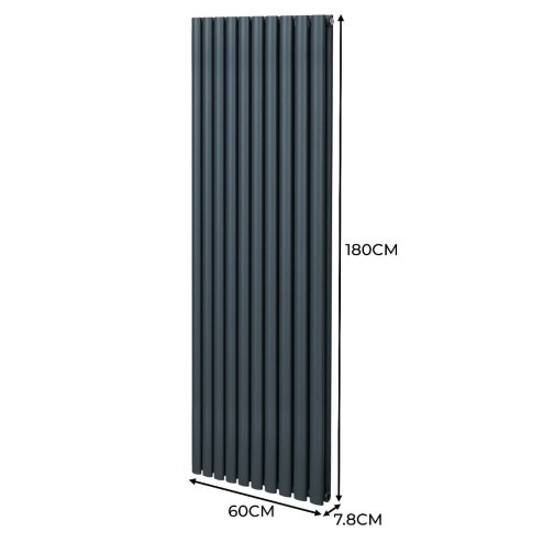 Oval Column Radiator 1800mm x 600mm & TRV Chrome Valves Modern Designer Double Panel Central Heating Heater Anthracite Grey Steel Vertical Kitchen Living Room FREE Cleaning Brush Fixing Kit & Brackets
